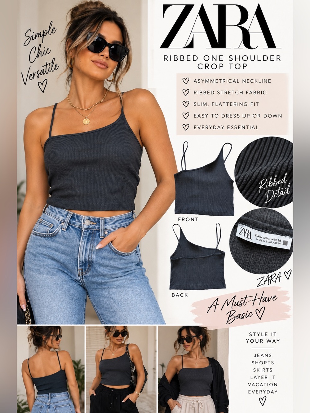 $10 or 🆓 BUY ONE GET ONE FREE 🆓 
Zara Charcoal Ribbed Asymmetrical Camisole
